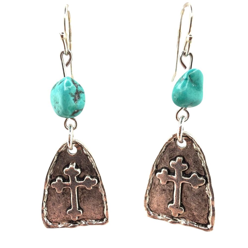 NEW Artisan Turquoise and Silver Cross Bell Dangle Earrings